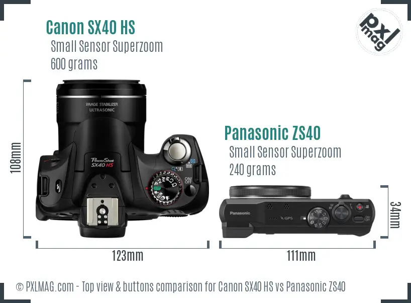 Canon SX40 HS vs Panasonic ZS40 top view buttons comparison