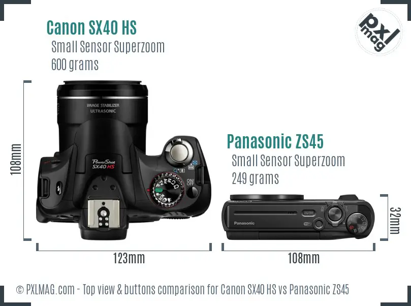 Canon SX40 HS vs Panasonic ZS45 top view buttons comparison