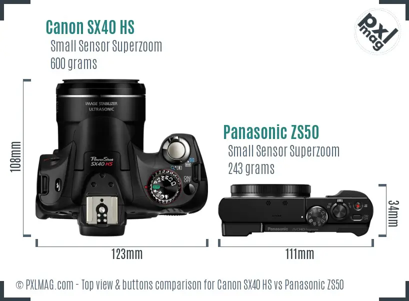 Canon SX40 HS vs Panasonic ZS50 top view buttons comparison
