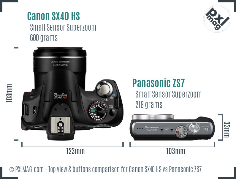 Canon SX40 HS vs Panasonic ZS7 top view buttons comparison