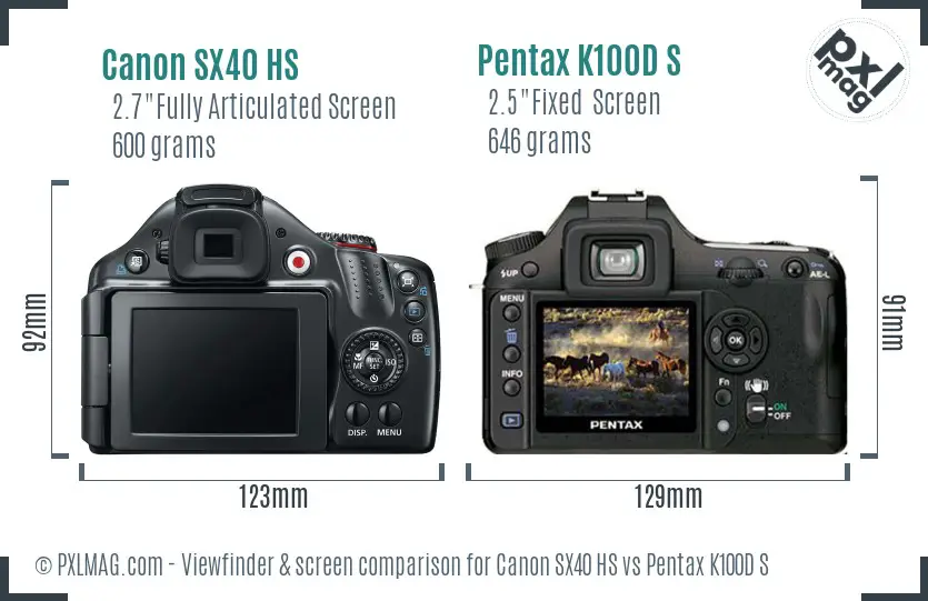 Canon SX40 HS vs Pentax K100D S Screen and Viewfinder comparison