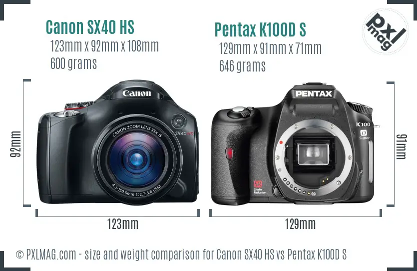 Canon SX40 HS vs Pentax K100D S size comparison