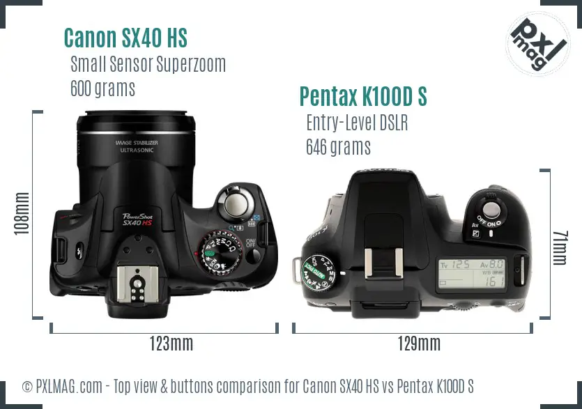 Canon SX40 HS vs Pentax K100D S top view buttons comparison