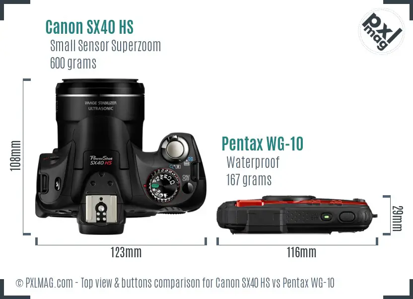 Canon SX40 HS vs Pentax WG-10 top view buttons comparison