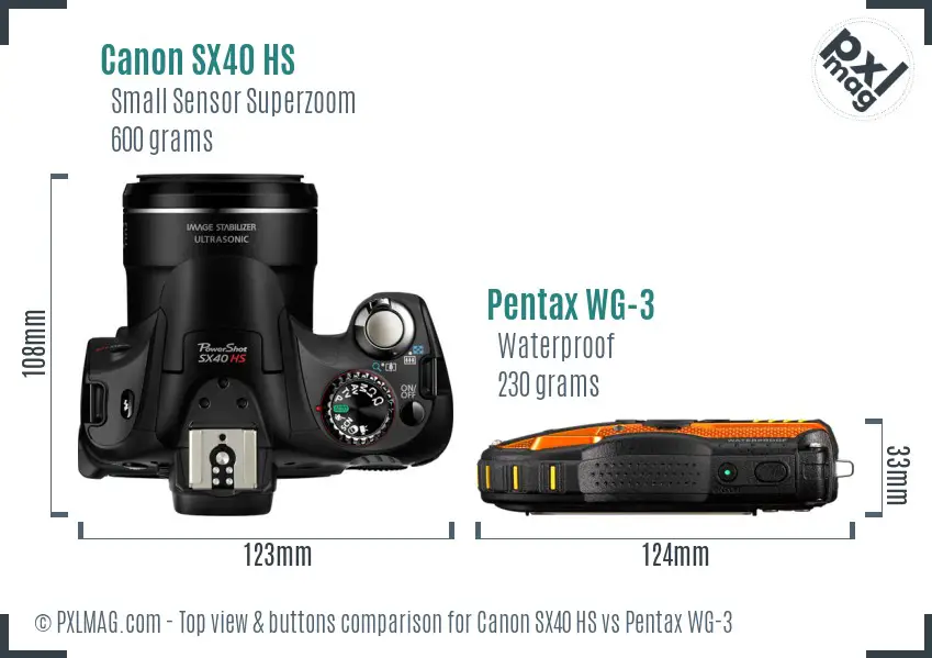 Canon SX40 HS vs Pentax WG-3 top view buttons comparison