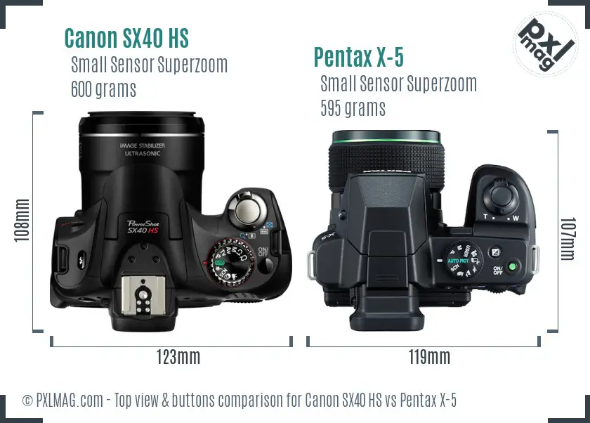 Canon SX40 HS vs Pentax X-5 top view buttons comparison