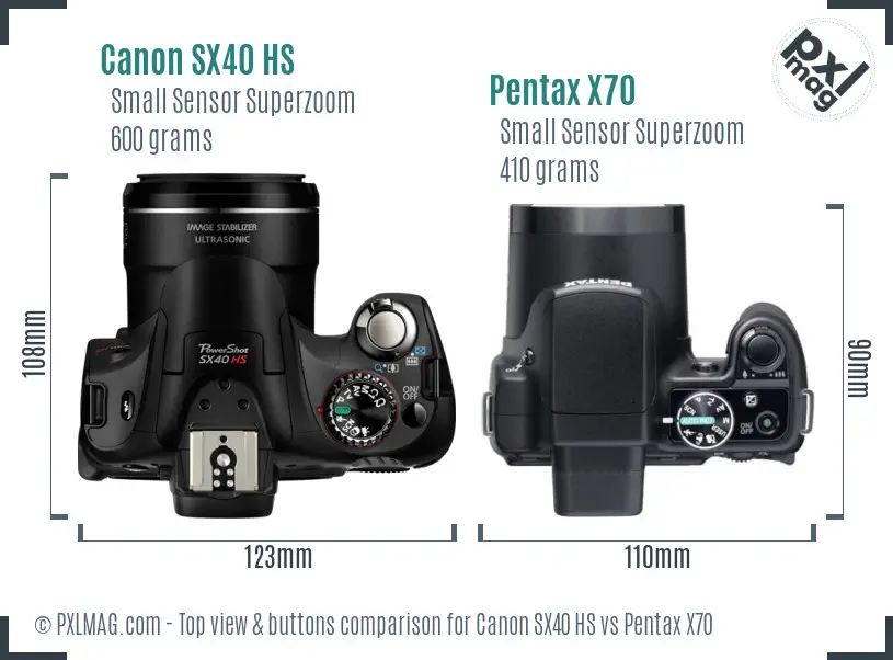 Canon SX40 HS vs Pentax X70 top view buttons comparison