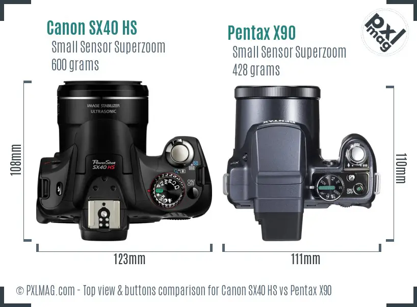 Canon SX40 HS vs Pentax X90 top view buttons comparison Canon SX40 HS vs Pentax X90 top view buttons comparison