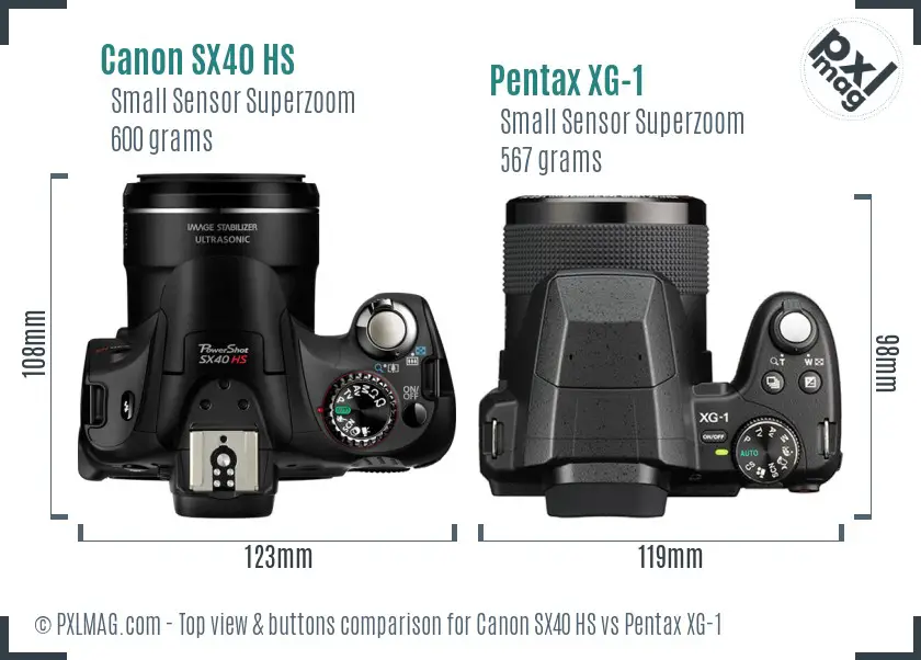 Canon SX40 HS vs Pentax XG-1 top view buttons comparison Canon SX40 HS vs Pentax XG-1 top view buttons comparison