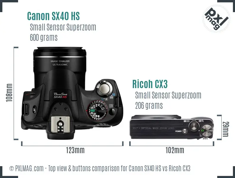 Canon SX40 HS vs Ricoh CX3 top view buttons comparison