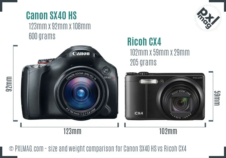 Canon SX40 HS vs Ricoh CX4 size comparison