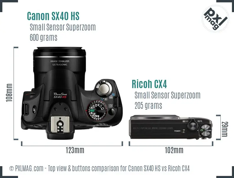 Canon SX40 HS vs Ricoh CX4 top view buttons comparison