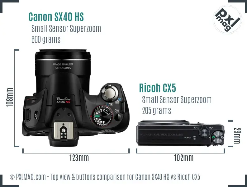 Canon SX40 HS vs Ricoh CX5 top view buttons comparison
