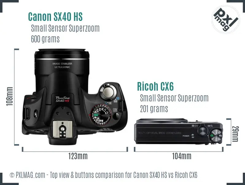 Canon SX40 HS vs Ricoh CX6 top view buttons comparison