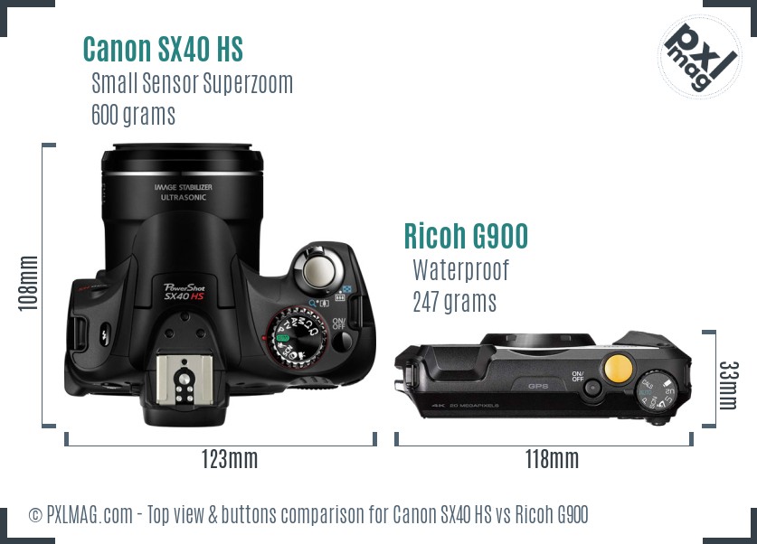 Canon SX40 HS vs Ricoh G900 top view buttons comparison