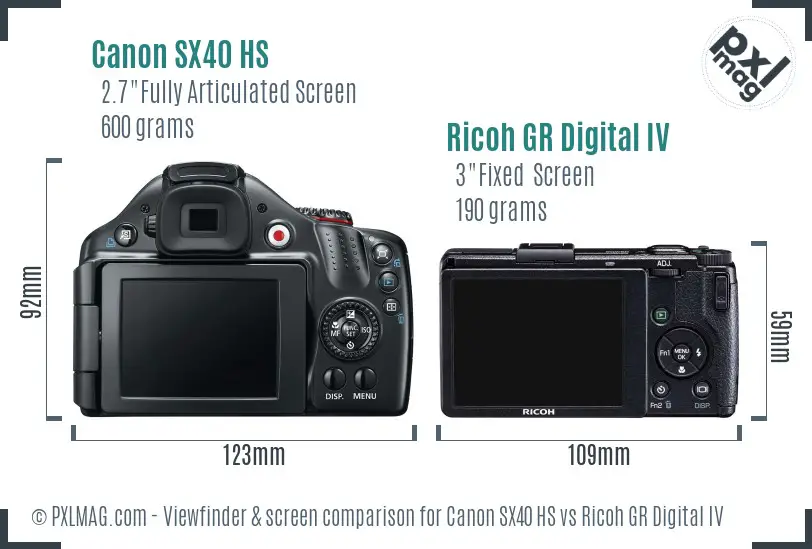 Canon SX40 HS vs Ricoh GR Digital IV Screen and Viewfinder comparison