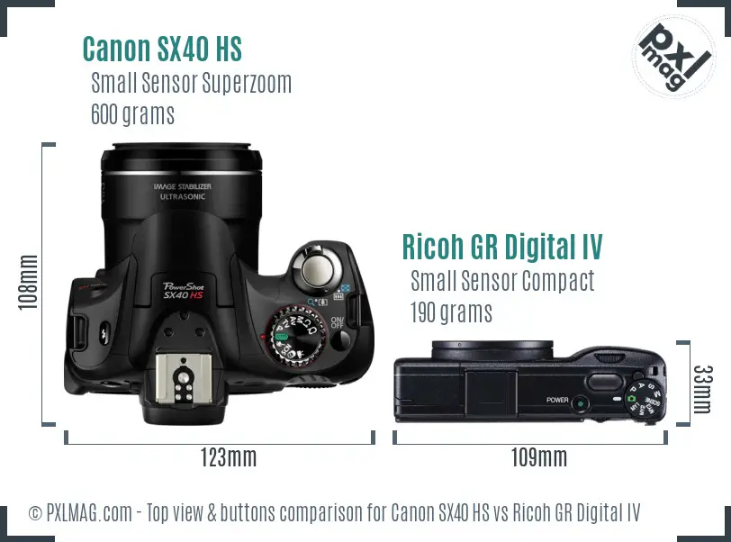 Canon SX40 HS vs Ricoh GR Digital IV top view buttons comparison