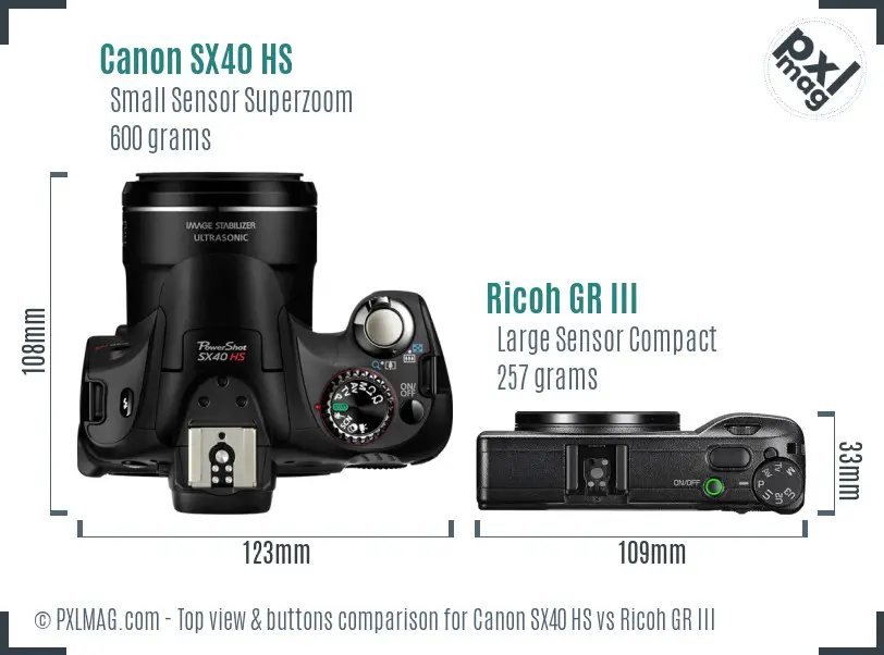 Canon SX40 HS vs Ricoh GR III top view buttons comparison