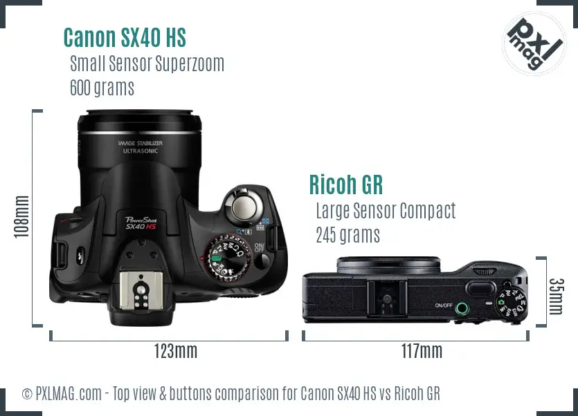 Canon SX40 HS vs Ricoh GR top view buttons comparison