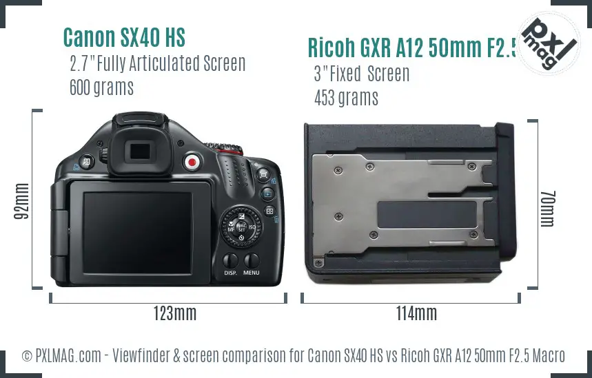 Canon SX40 HS vs Ricoh GXR A12 50mm F2.5 Macro Screen and Viewfinder comparison
