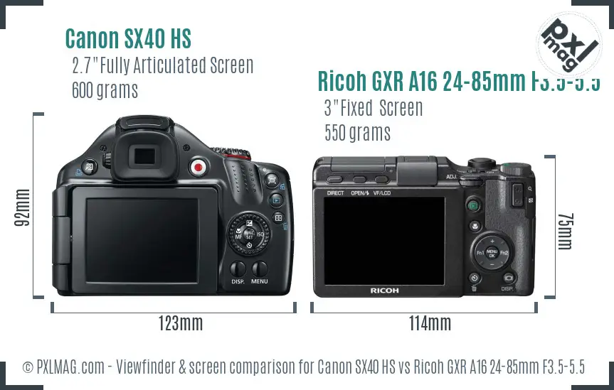 Canon SX40 HS vs Ricoh GXR A16 24-85mm F3.5-5.5 Screen and Viewfinder comparison
