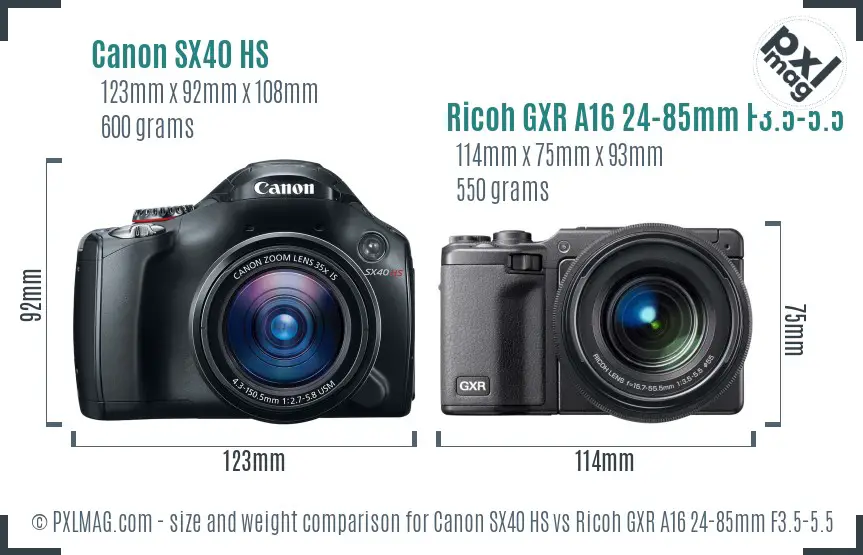 Canon SX40 HS vs Ricoh GXR A16 24-85mm F3.5-5.5 size comparison