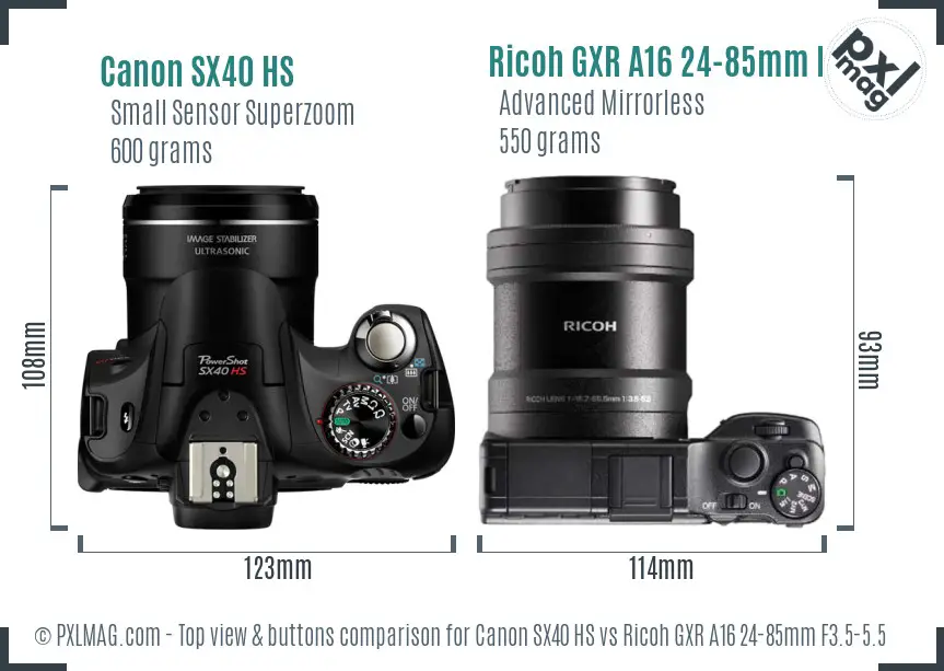Canon SX40 HS vs Ricoh GXR A16 24-85mm F3.5-5.5 top view buttons comparison