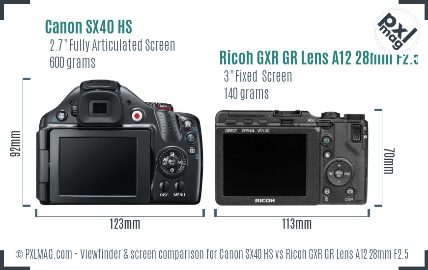 Canon SX40 HS vs Ricoh GXR GR Lens A12 28mm F2.5 Screen and Viewfinder comparison