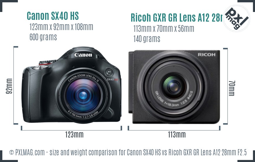 Canon SX40 HS vs Ricoh GXR GR Lens A12 28mm F2.5 size comparison