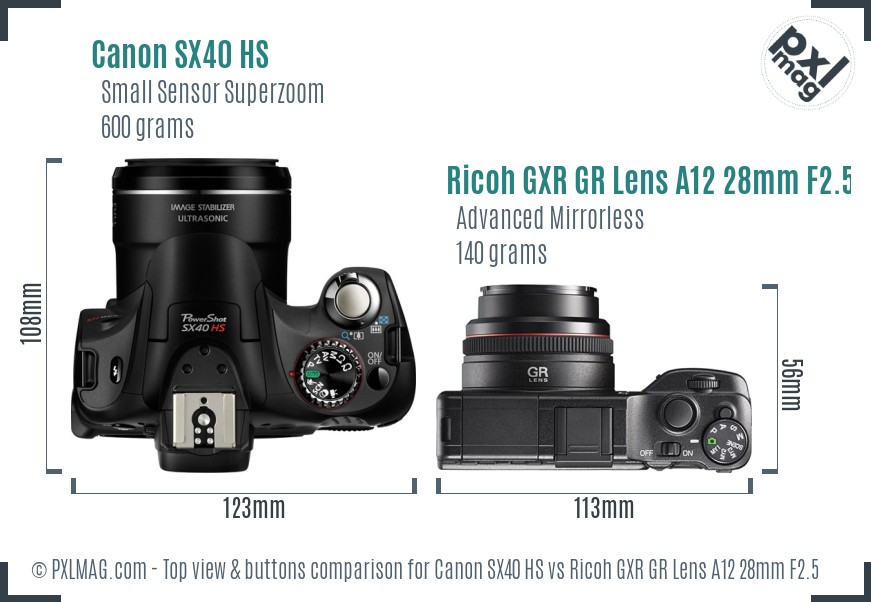 Canon SX40 HS vs Ricoh GXR GR Lens A12 28mm F2.5 top view buttons comparison