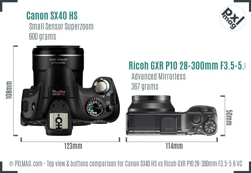 Canon SX40 HS vs Ricoh GXR P10 28-300mm F3.5-5.6 VC top view buttons comparison