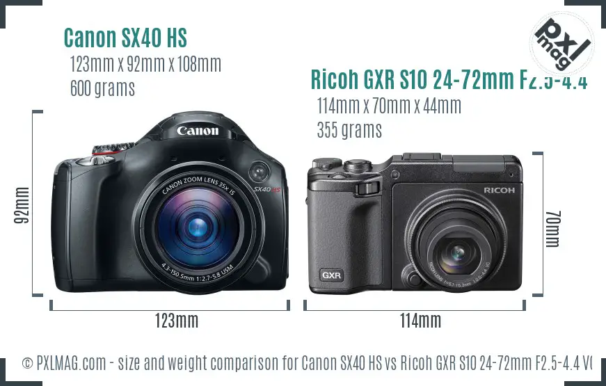 Canon SX40 HS vs Ricoh GXR S10 24-72mm F2.5-4.4 VC size comparison