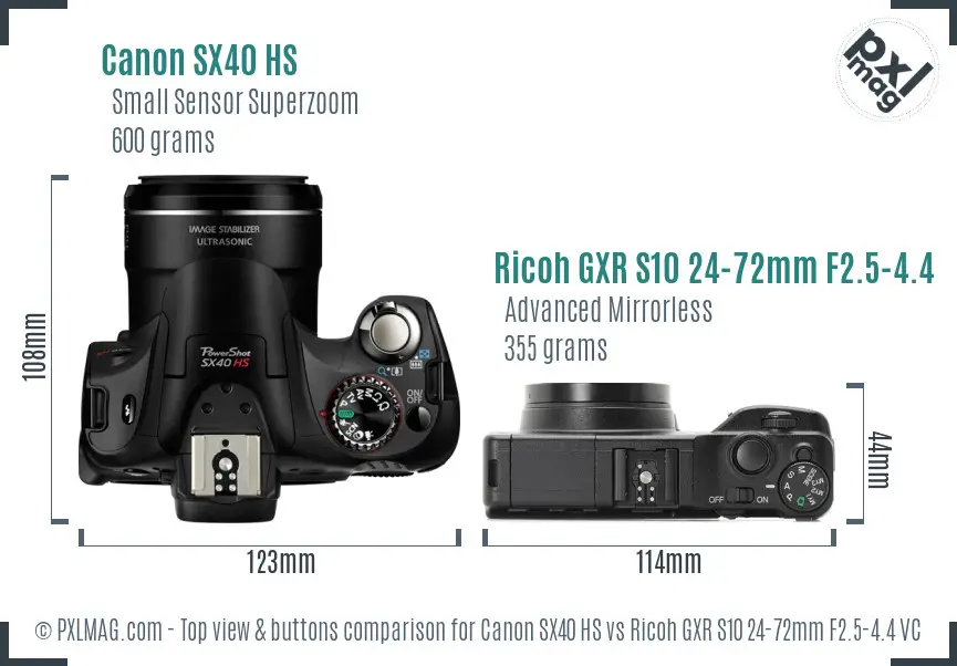 Canon SX40 HS vs Ricoh GXR S10 24-72mm F2.5-4.4 VC top view buttons comparison