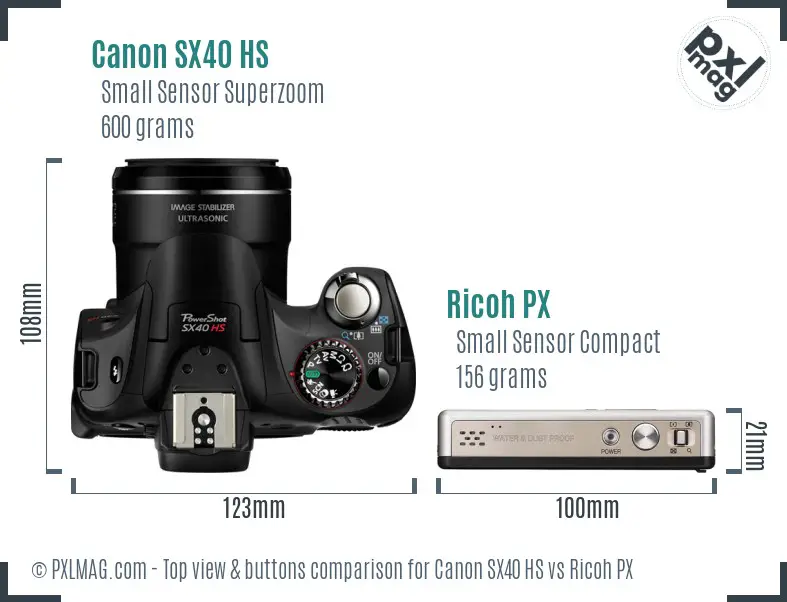 Canon SX40 HS vs Ricoh PX top view buttons comparison