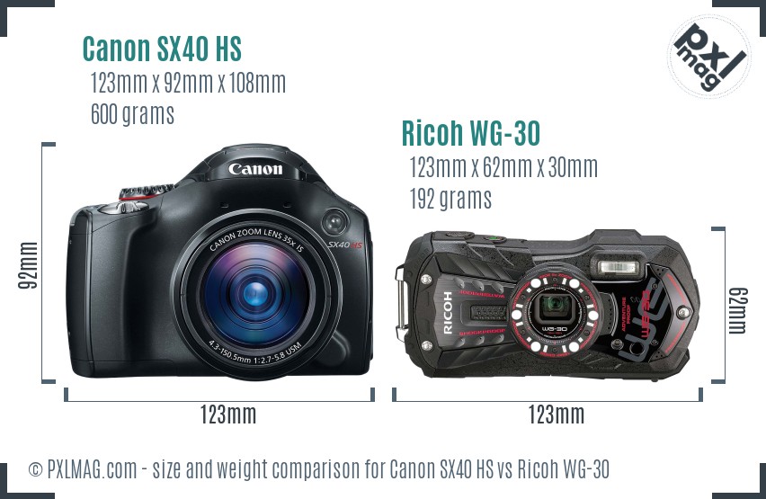 Canon SX40 HS vs Ricoh WG-30 size comparison