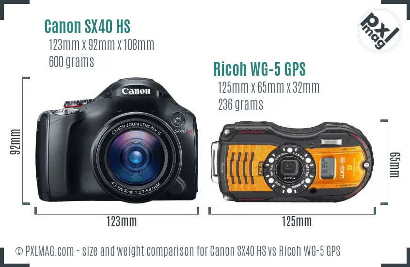 Canon SX40 HS vs Ricoh WG-5 GPS size comparison Canon SX40 HS vs Ricoh WG-5 GPS size comparison