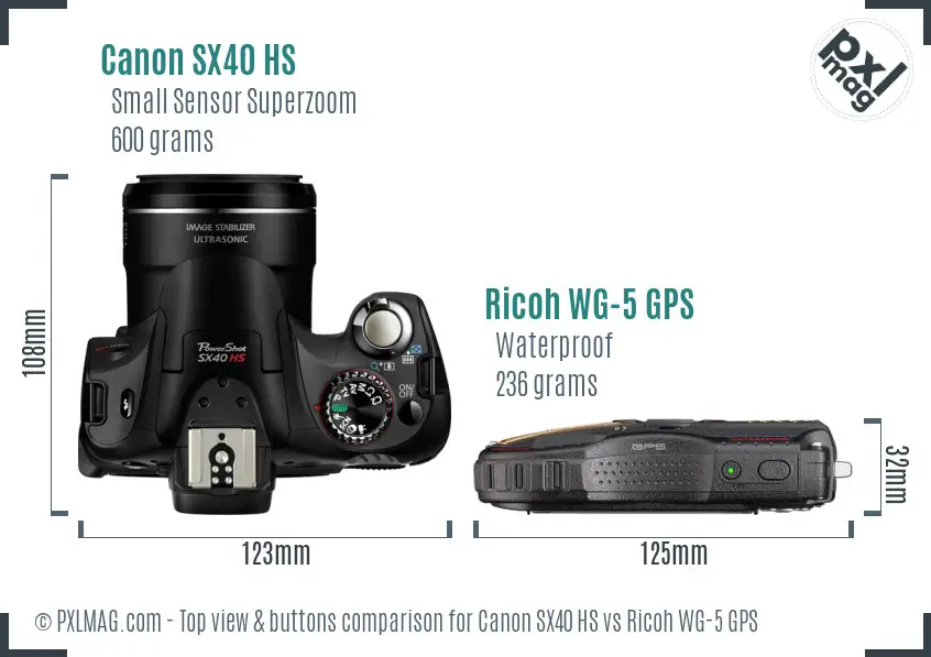 Canon SX40 HS vs Ricoh WG-5 GPS top view buttons comparison Canon SX40 HS vs Ricoh WG-5 GPS top view buttons comparison