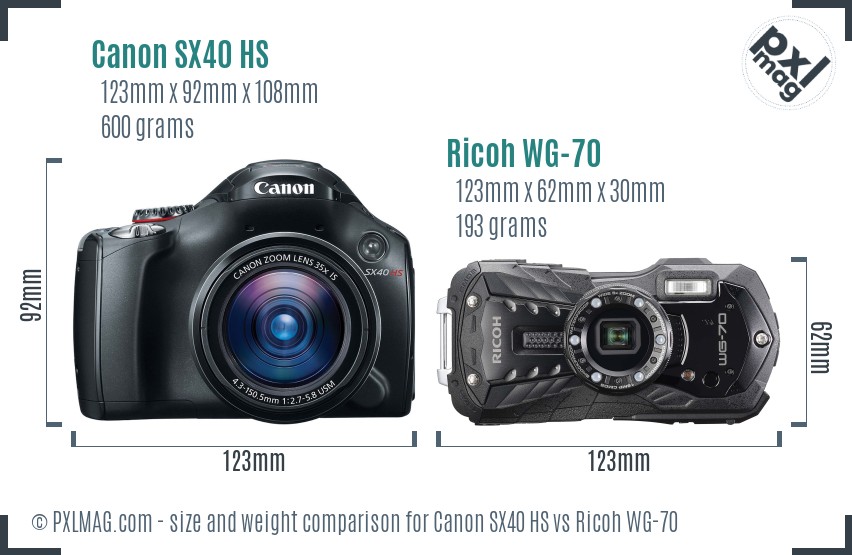 Canon SX40 HS vs Ricoh WG-70 size comparison