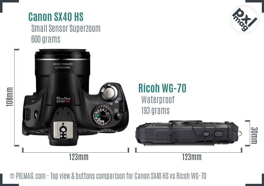 Canon SX40 HS vs Ricoh WG-70 top view buttons comparison