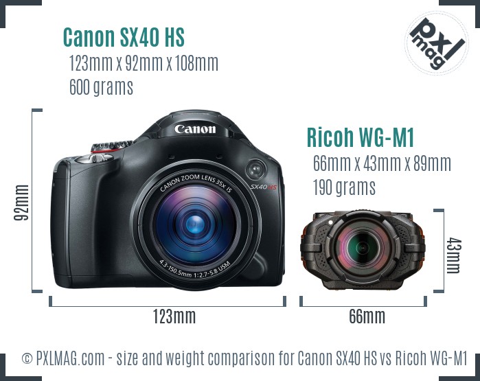 Canon SX40 HS vs Ricoh WG-M1 size comparison