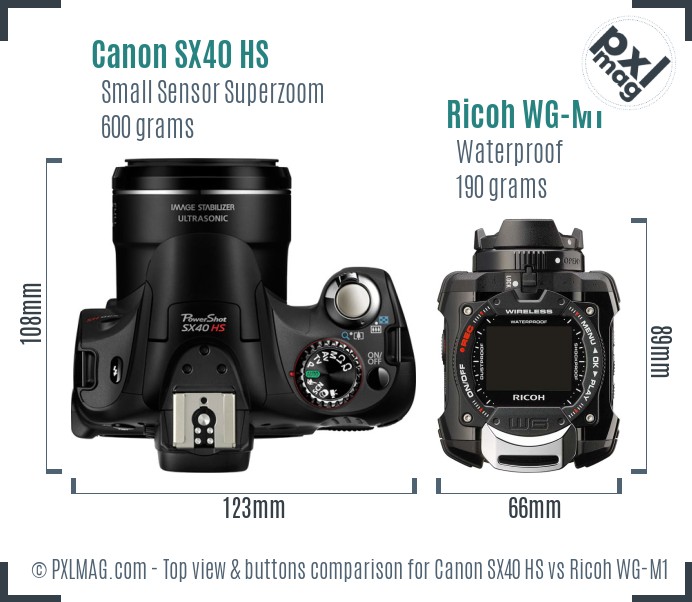 Canon SX40 HS vs Ricoh WG-M1 top view buttons comparison