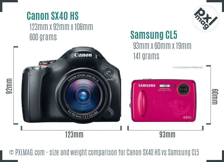 Canon SX40 HS vs Samsung CL5 size comparison