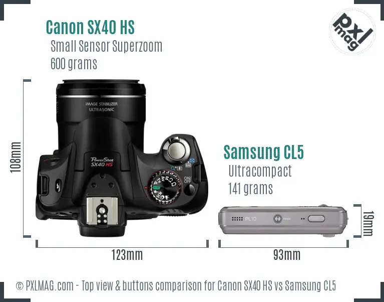 Canon SX40 HS vs Samsung CL5 top view buttons comparison