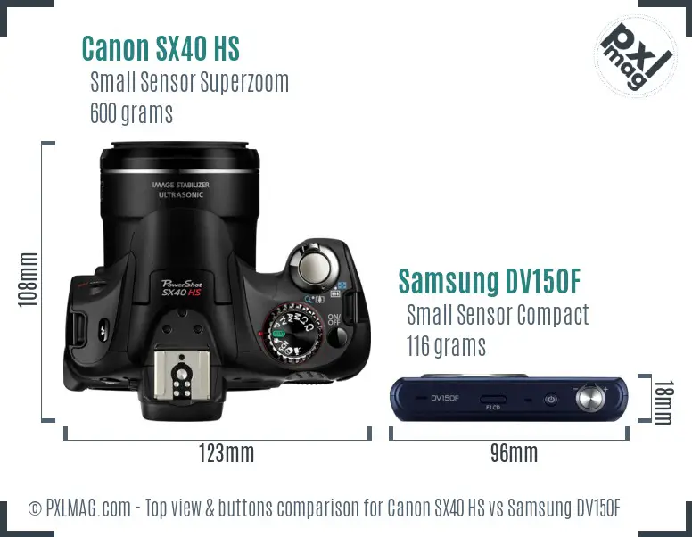Canon SX40 HS vs Samsung DV150F top view buttons comparison
