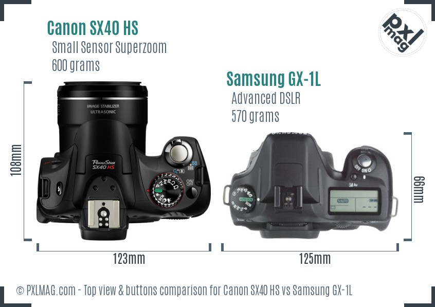 Canon SX40 HS vs Samsung GX-1L top view buttons comparison