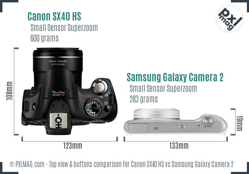 Canon SX40 HS vs Samsung Galaxy Camera 2 top view buttons comparison
