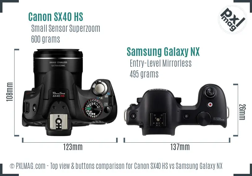 Canon SX40 HS vs Samsung Galaxy NX top view buttons comparison