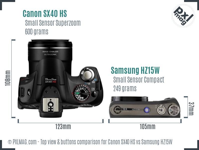 Canon SX40 HS vs Samsung HZ15W top view buttons comparison