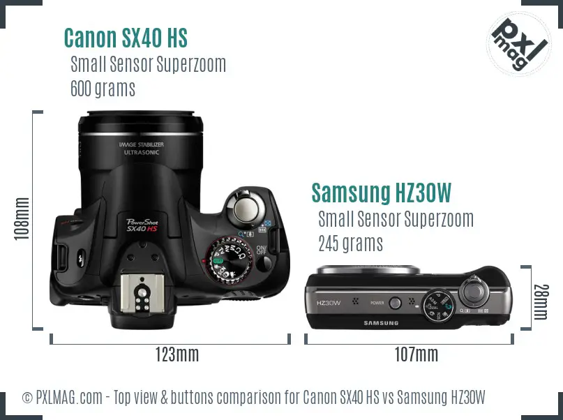 Canon SX40 HS vs Samsung HZ30W top view buttons comparison Canon SX40 HS vs Samsung HZ30W top view buttons comparison