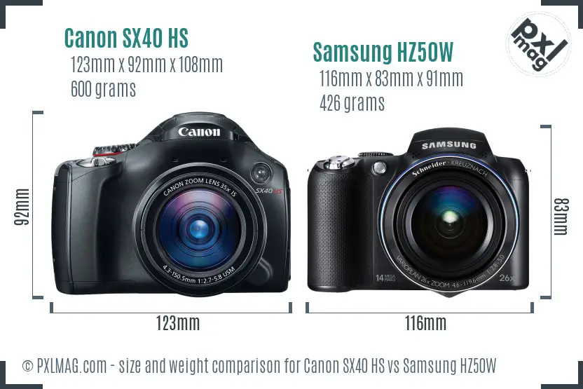 Canon SX40 HS vs Samsung HZ50W size comparison